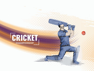 Cricket Championship Concept With Faceless Batsman Hitting Ball And Abstract Brush Wave On White Halftone Background.