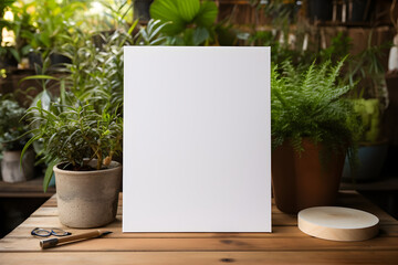 Mockup Plain White Portrait Paper on Wooden Table with Green Plant Decor