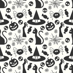 Black and white halloween pattern background with witch hat spider and halloween elements
