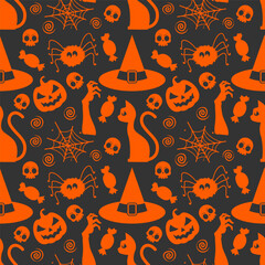 Halloween seamless patter with orange witch hat and spider on black background