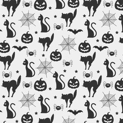 Black and white halloween pattern background with halloween cats and halloween elements