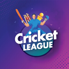 Cricket League Concept With Faceless Batsman Player, Golden Trophy Cup On Blue And Pink Halftone Background.
