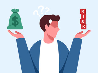 consider investment risks, Invest wisely. A man holding a bag of money, considering investing with various risks vector illustration