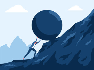 Business man pushing heavy rock up hill, Hard work, reach success, overcome adversity concept. Businessman working hard pushing boulder up hil Vector illustration