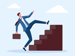 Shortcut or progress in career development or working to achieve target, beginner mistake by trying hard way to success concept, businessman skipping steps to achieve vector illustration