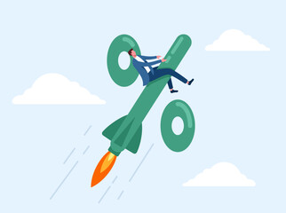Interest rate rising up, Federal reserve or central bank raising policy, inflation or monetary percentage concept, businessman riding percentage with rocket booster vector illustration