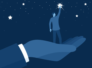 Business concept illustration of giant hand helping a businessman to reach out for the stars, Career development support, assistant or mentor to help reach business goal to achieve target concept