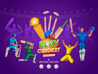 Online Cricket Game Poster Design With Cricketer Players In Action Pose, Equipments And Golden Trophy Cup On Purple Background.