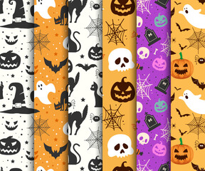 Halloween patterns collection with cats witch hat spiderwebs and pumpkins