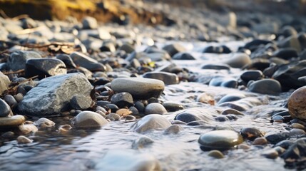 Obraz premium Empty rocky riverbank close-up in defocus.