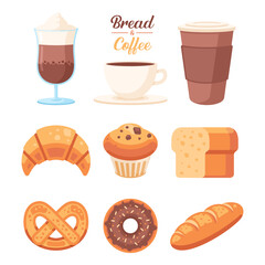 bread and coffee icon illustration, bread, croissant, bake ,donut, pretzel, coffee, iced coffee, cafe menus illustration