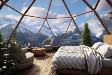 Generative AI Domed house with panoramic windows. Camping in the mountains. The concept of outdoor recreation with comfortable living conditions is glamping. View from the inside.