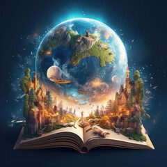 Magical story book with fairy tale. Fantastic world, imaginary view. - 652825594