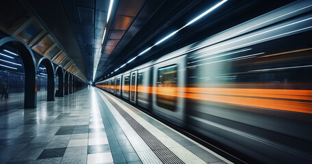 Fototapeta na wymiar Passing underground train to the tunnel on the subway platform, motion blur