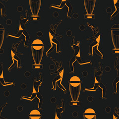 Seamless Cricket Theme Pattern Background In Black And Orange Color.
