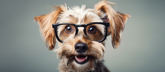 Smart dog wearing glasses smiles on a white background - obrazy, fototapety, plakaty