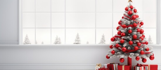 Red gifts under a white room s Christmas tree