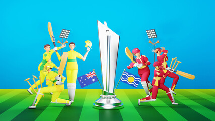 3D Participating Cricket Team Of Australia VS West Indies With Silver Winning Trophy On Green And Blue Background.