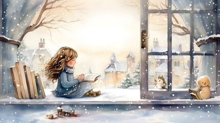 Illustration of a girl reading against an open window in winter; love of reading theme