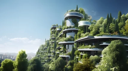 Gordijnen Green futuristic skyscraper, environment and architecture concepts © Lucky Ai