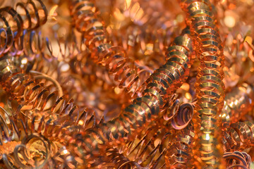 Close-up scene of  the brass materials scrap from turning process.