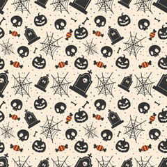 Hallowen black and white pattern background with spiderwebs tombstons and halloween candy