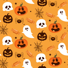 Halloween seamless pattern illustration with pumpkins and halloween ghosts