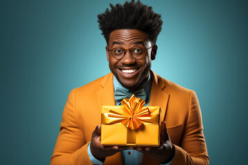 handsome adult black man with glasses holds gift box in his hands - obrazy, fototapety, plakaty