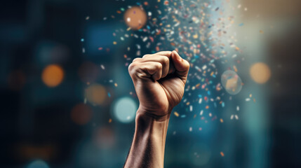 Closeup of Triumphant Fist Pump Gesture Celebration with Confetti and Blurred Effect Background