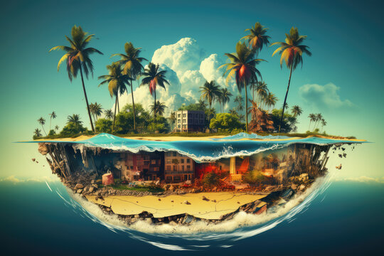 Summer vacation and air travel concept. Tropical palm on a paradise island. Unusual travel illustration. . High quality photo