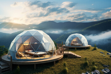 Generative AI Domed houses with panoramic windows. Camping in the mountains. The concept of outdoor recreation with comfortable living conditions is glamping. - obrazy, fototapety, plakaty