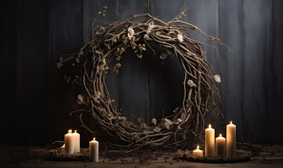wreath made of branches with candles.  - obrazy, fototapety, plakaty