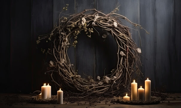 wreath made of branches with candles. 