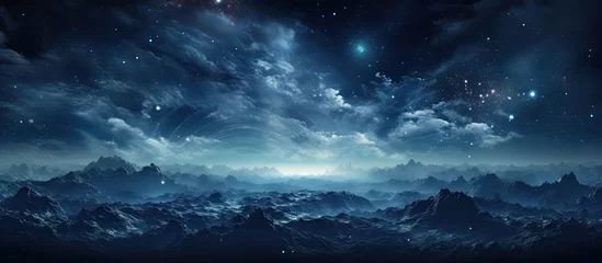 Poster Fantasie landschap Epic concept art of a photo realistic outer space landscape with waves of energy light and a cinematic background of stars galaxies and the universe