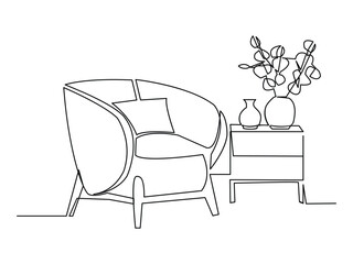 Continuous one line drawing of armchair and with potted plants. Scandinavian stylish furniture in simple linear style. Vector illustration