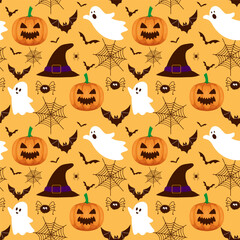 Halloween pattern background with pumpkin illustartion and witch hats