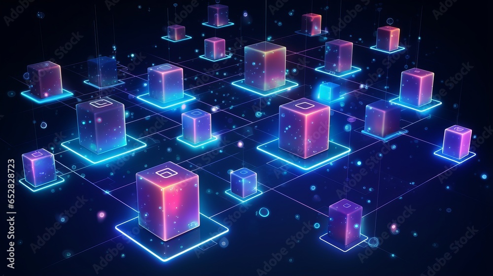 Poster isometric blockchain connection: digital blocks forming crypto chain - abstract technology backgroun