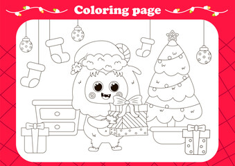 Cute coloring page with kawaii Yeti or Bigfoot holding large gift box