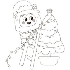 Cute coloring page with kawaii Christmas character Yeti in elf costume decorating Christmas tree with garland