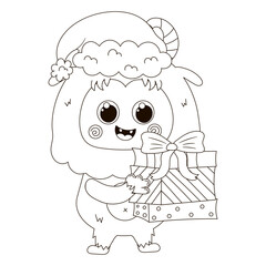 Cute coloring page with kawaii Christmas character Yeti in Santa costume holding Christmas gifts