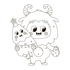 Cute coloring page with kawaii Christmas character Yeti and Christmas tree