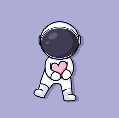 Cute astronaut cartoon character hug love heart floating in space, cosmic vector illustration