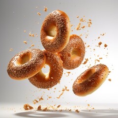 Bagels flying in the air