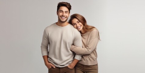 Fototapeta premium smiling happy young couple, handsome man and beautiful woman, standing confidently with arms crossed on white light grey background