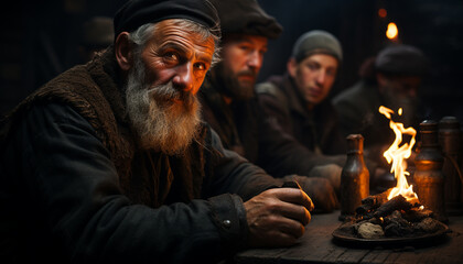 Obraz premium Smiling adults gather around bonfire, celebrating nature and togetherness generated by AI
