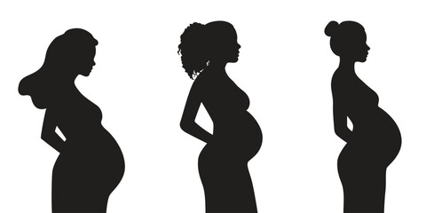 Collection of silhouettes of a pregnant woman, side view. Vector illustration isolated on white background - obrazy, fototapety, plakaty