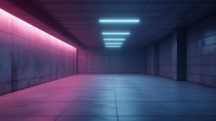 Corridor in a building,  diffused pink and blue lighting, 80s vibe