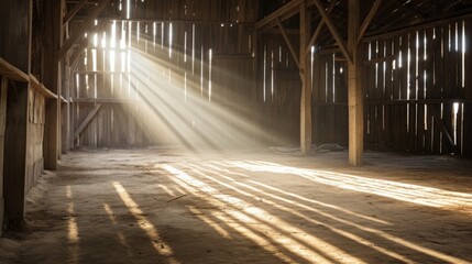 Naklejka na ściany i meble An empty barn with sunlight streaming through gaps in the wooden walls