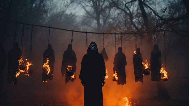 Cult of the dead burning man secret society hidden deep inside the woods, wearing silver metallic skull masks under their pitch black hooded robes, evil mysterious grove of unspeakable horrors. 