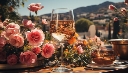 A romantic summer celebration with wine, flowers, and elegance generated by AI